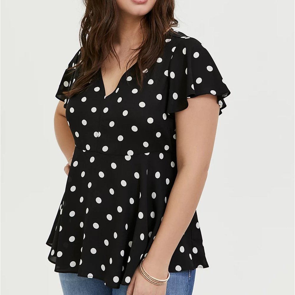 POLKA DOT GEORGETTE FLUTTER SLEEVE BABYDOLL BLOUSE